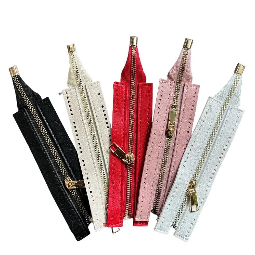 18cm Metal Zippers for DIY Handbag Fashionable Gold Color Zipper with PU Band Hand Crocheting Bag Zippers