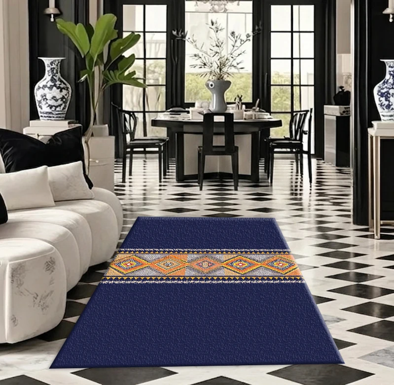Bohemian Style Ethnic Border Carpet with Diamond-Shaped Tassels and Geometric Print, Suitable for Home Interior Decoration