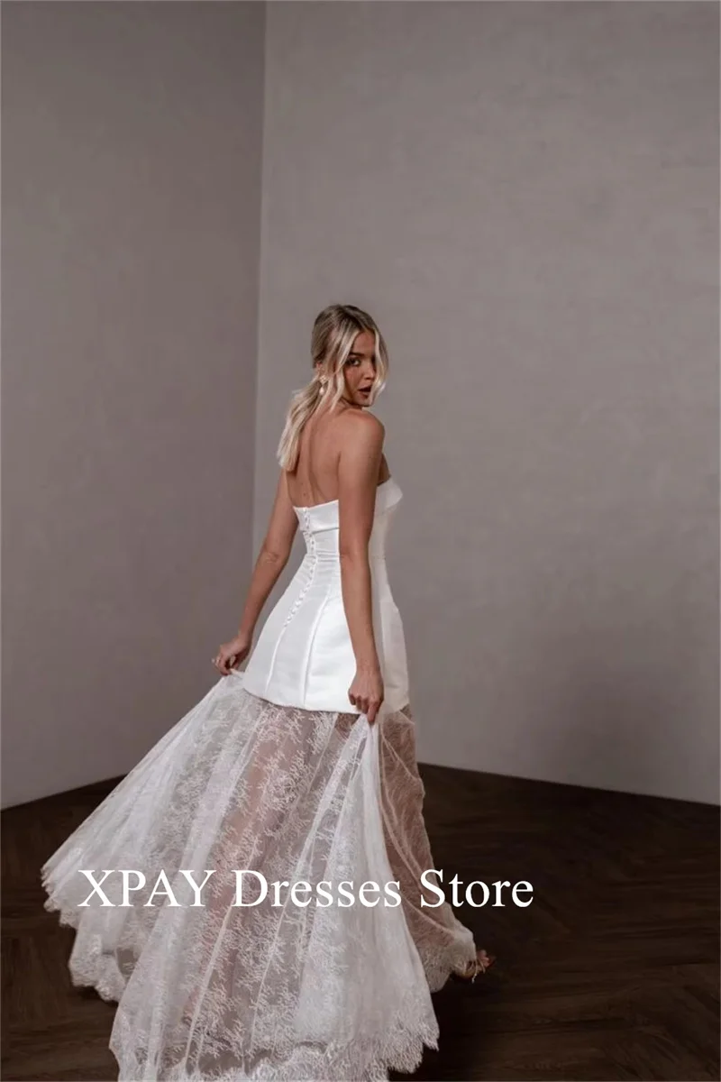 XPAY 2025 Strapless สีขาวซาตินงานแต่งงานชุดลูกไม้ยาวที่ถอดออกได้รถไฟแขน vestidos de novia ซิปด้านหลังอย่างเป็นทางการที่กําหนดเอง