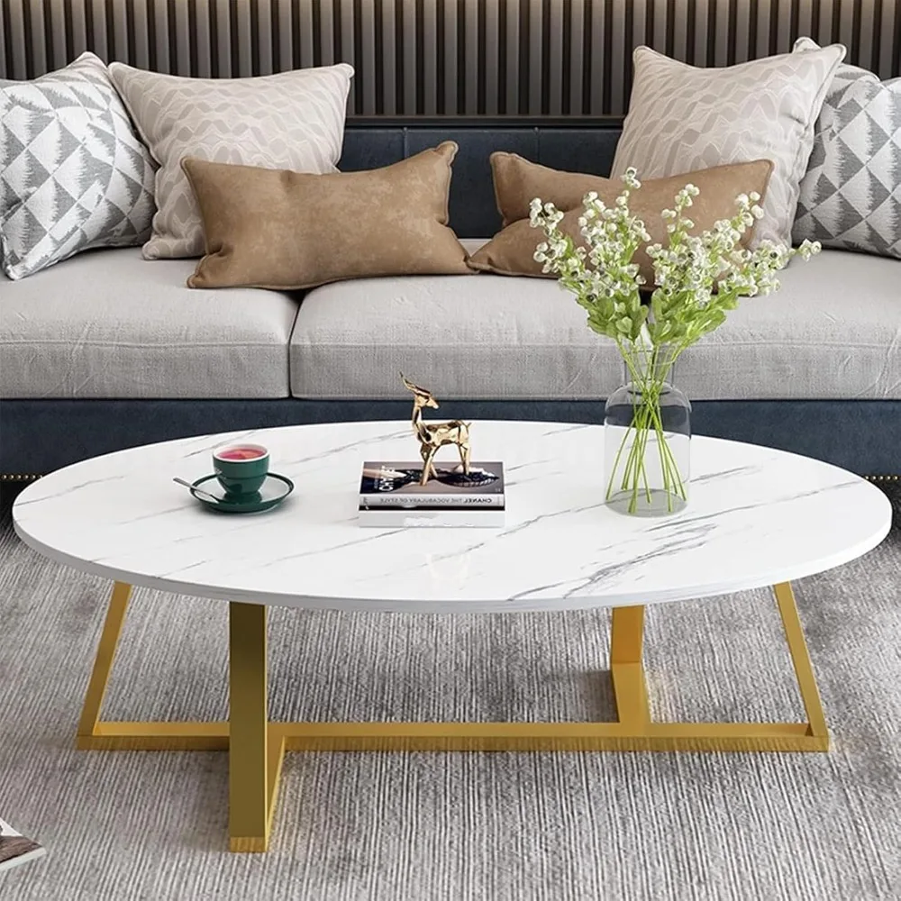 

White Faux Marble Coffee Table for Living Room, Oval Center Tables Modern Tea Table for Small Space, Wooden Living Room