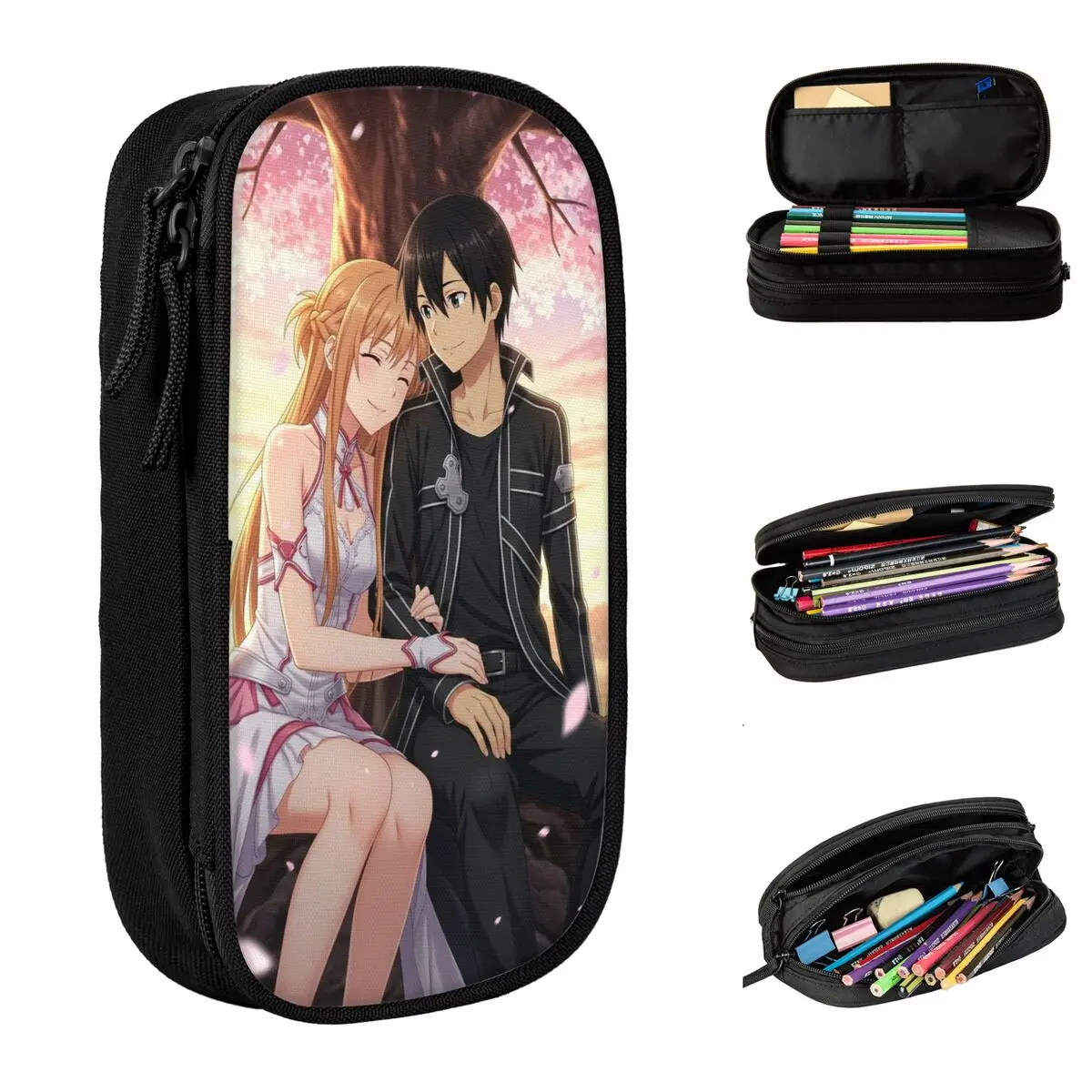 Sword Art Online Kirito Asuna Estuche para lápices Estuches para bolígrafos para niña y niño Bolsa de almacenamiento grande Papelería cosmética de oficina