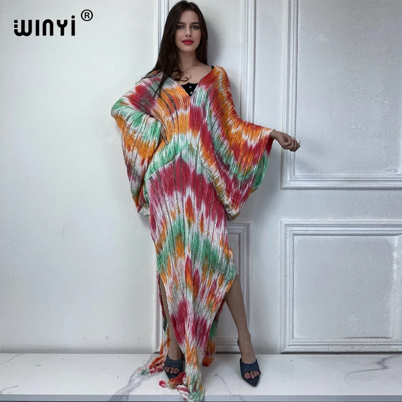 

WINYI Original kaftan tie-dye summer v-neck Knitted hollow sexy beach cover up dress Elegant Floor-sweeping evening dress Women