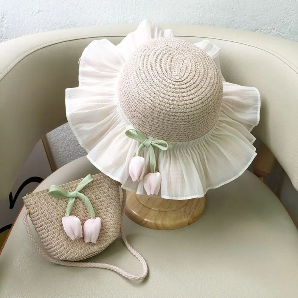with Same Style Crossbody Bag Tulip Straw Sun Hat Shading Hat Korean Style Girls Bucket Hat Foldable Fisherman Cap