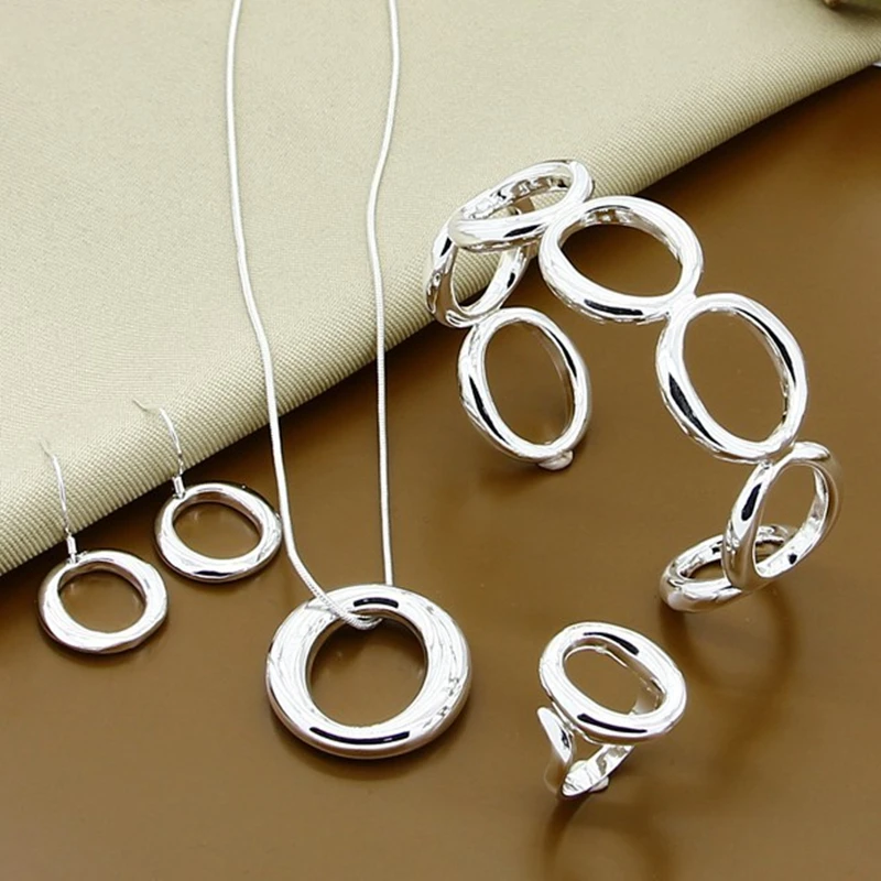 

925 Sterling Silver Round O Earring Necklace Bracelet Ring Set For Woman Man Wedding Engagement Party Fashion Jewelry
