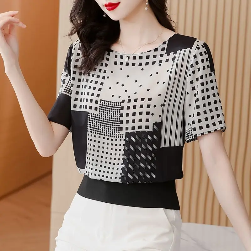 Korean Printed Plaid Pullovers Women's Clothing Fashion Spliced Summer Short Sleeve All-match Casual Round Neck Commute T-shirt