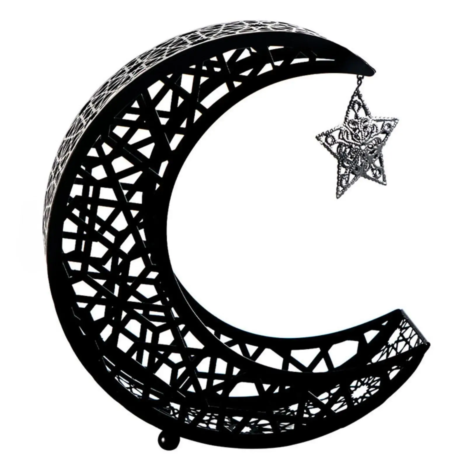 Black Iron Serving Tray with Half Moon Shape and Hanging Star for Desserts Candy and Decorative Table Display