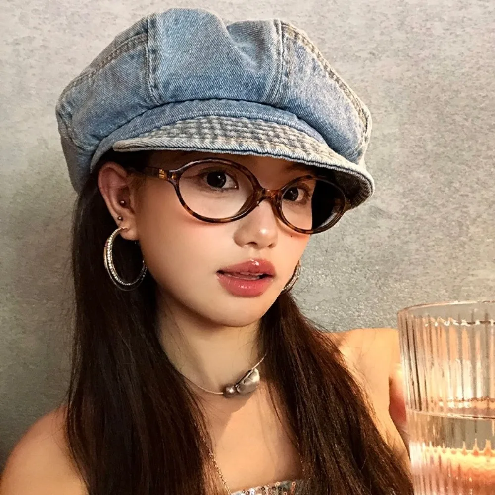 

Retro Vintage Washed Denim Beret Cloud Newsboy Octagonal Cap Visor Artist Peaked Hat Streetwear