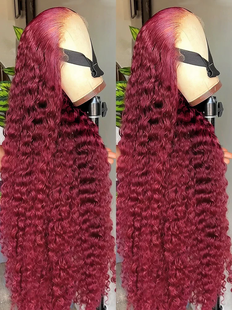 99J Burgundy Curly Wigs 13x6 HD Lace Front Human Hair Wig Pre Plucked 250% Brazilian Transparent Deep Wave Frontal Wig 30 38 Inch Red Wine Colored Water Wave Human Hair Wigs For Women