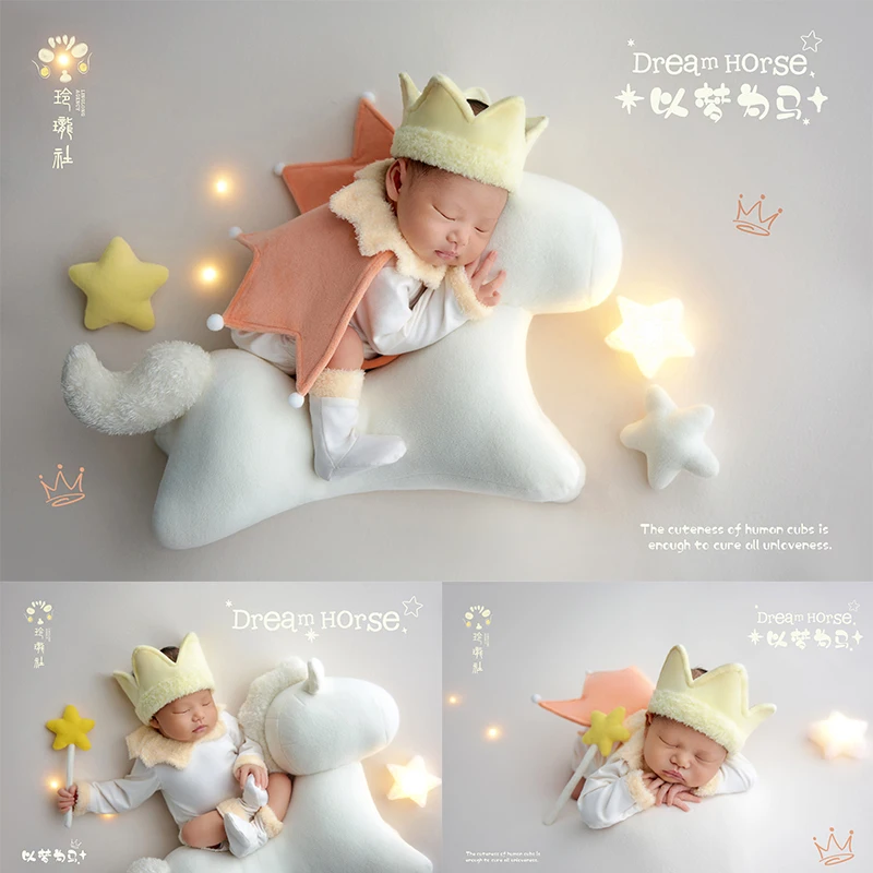 Newborn Photography Theme Set 2026 Horse Year Cute Prince Outfit Crown Set with Horse Posing Doll Stars for Studio Photoshoot
