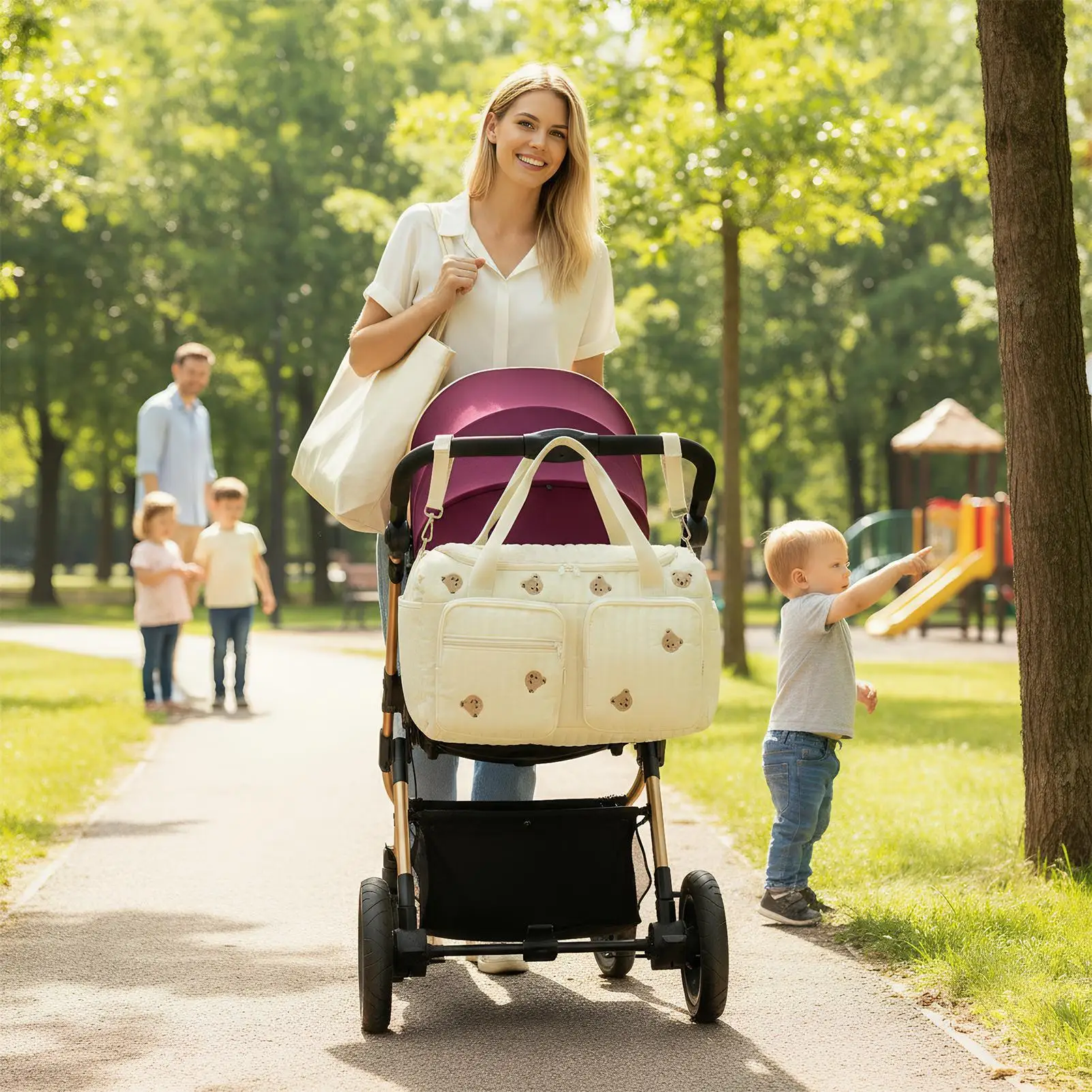 

Baby Diaper Bag With Compartment Spacious Nappy Pouch Cartoon Bear Pattern Mommy Bags For Travel Camping Home Shopping Commuting