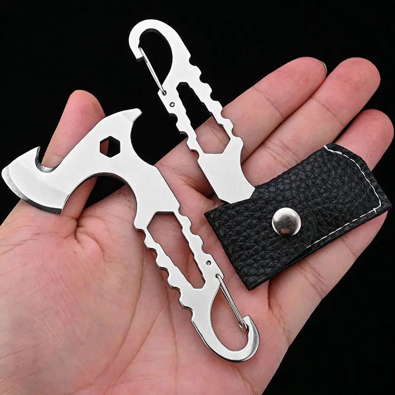 Outdoor zelfverdediging sleutelhanger bijl multifunctionele zes in één mes bijl roestvrij staal Unboxing EDC-tool