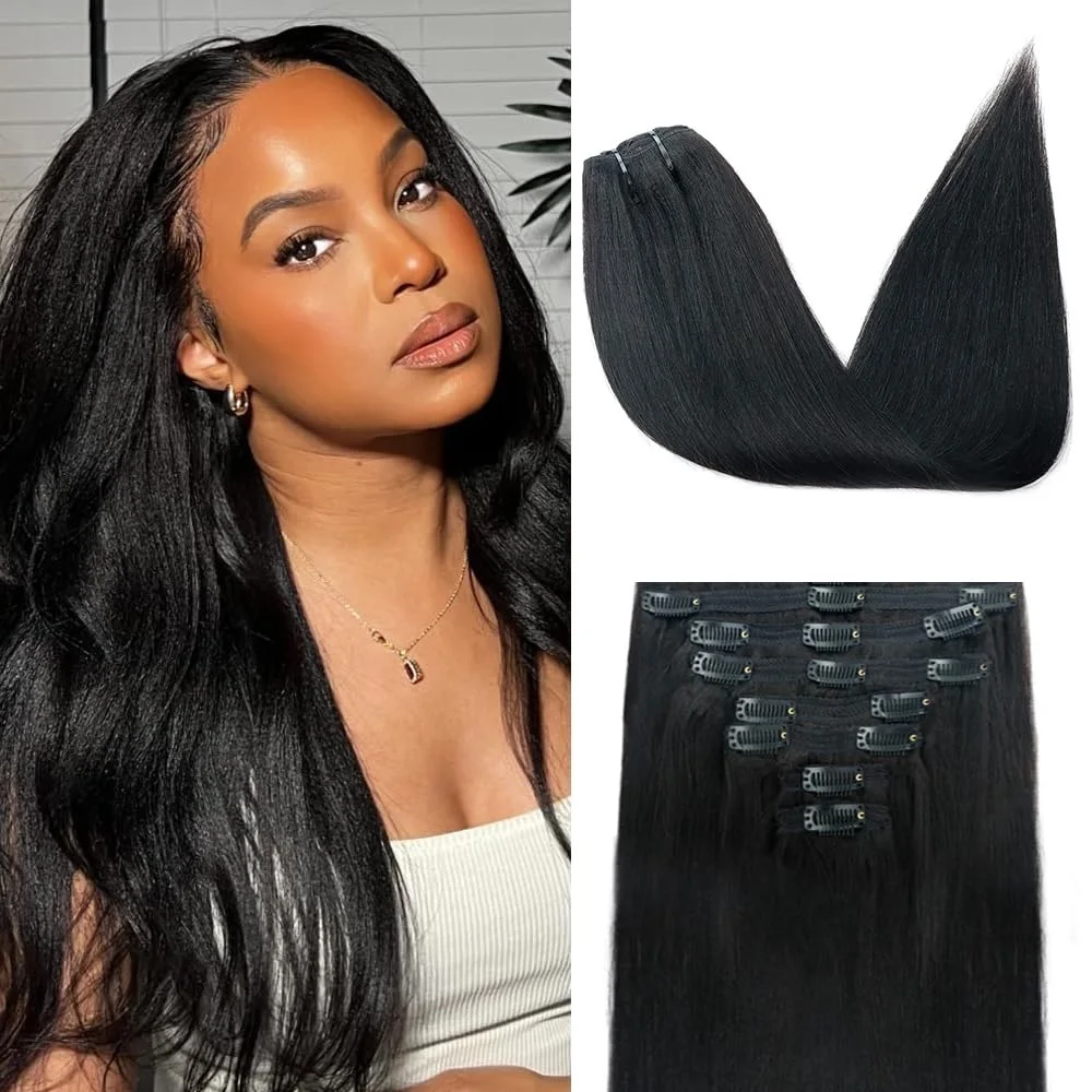 8 piezas 100 gramos de cabello humano aspecto Natural Clip recto rizado en extensiones de cabello Clip de cabello Natural negro azabache en extensiones