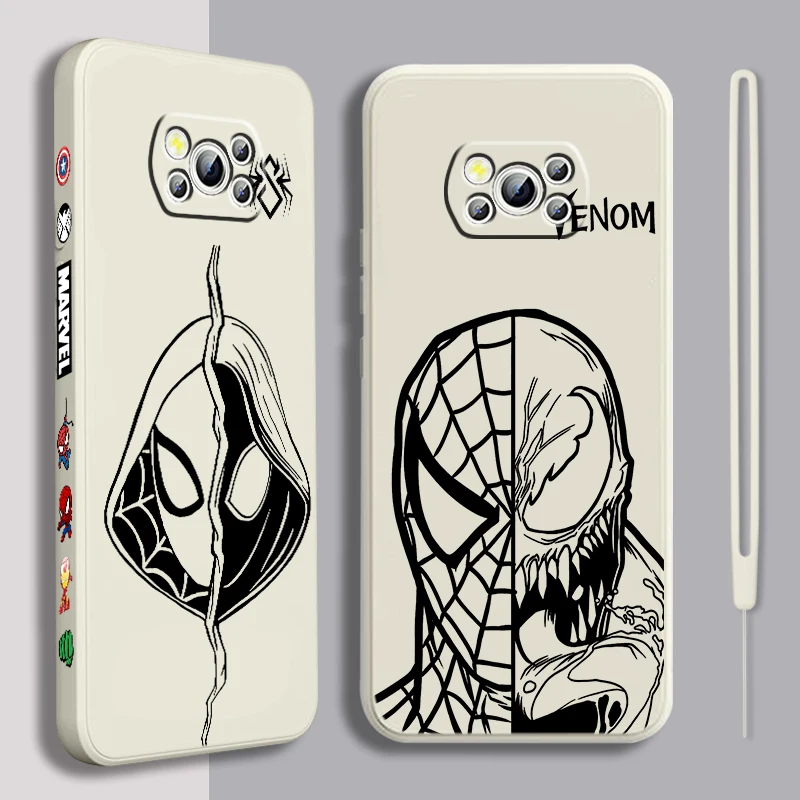 Marvel Spider-Man Cartoon Liquid Left Rope For Xiaomi Mi Poco X6 X5 X4 X3 M6 M5 M5S M4 M3 F5 F4 F3 C65 C55 C40 Pro 5G 4G Back