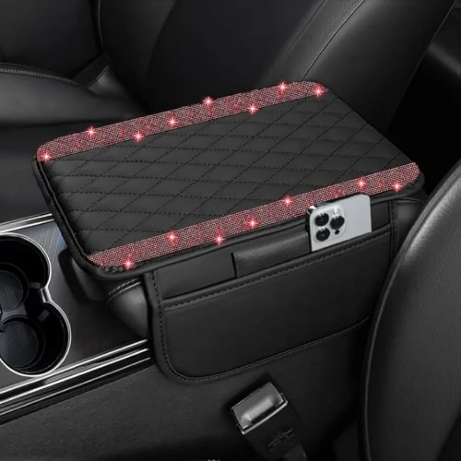 

Bling Car Center Console Cover, Leather Car Arm Rest Cover Cushion with 2 Storage Bags, Universal Automotive Armrest Protector