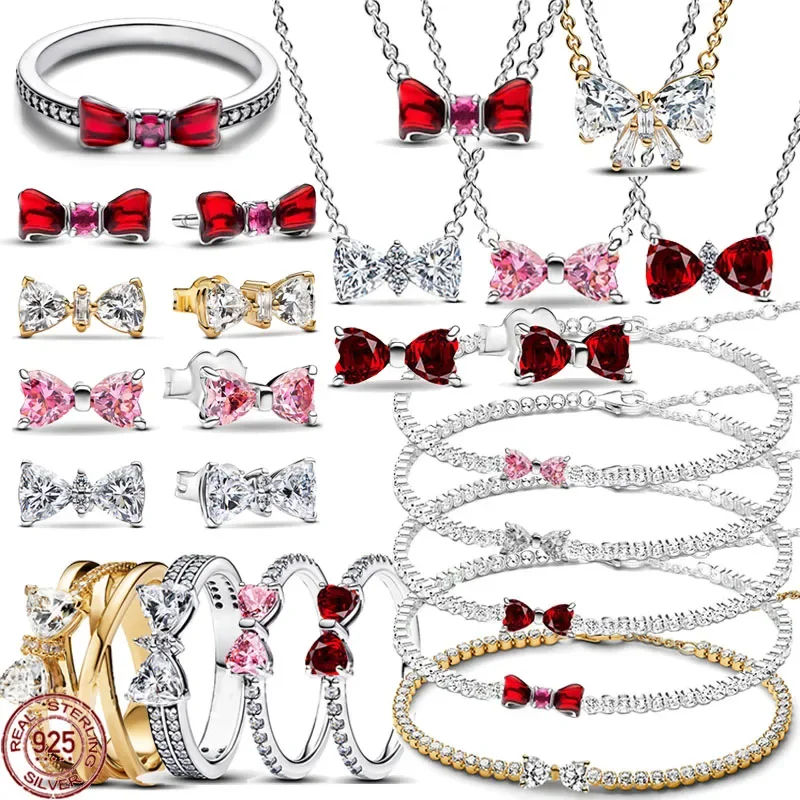 

Новый классический браслет из стерлингового серебра 925 пробы, изысканный блестящий браслет с бантом, кольцо, ожерелье, легкий роскошный шарм, женские праздничные подарки на день рождения