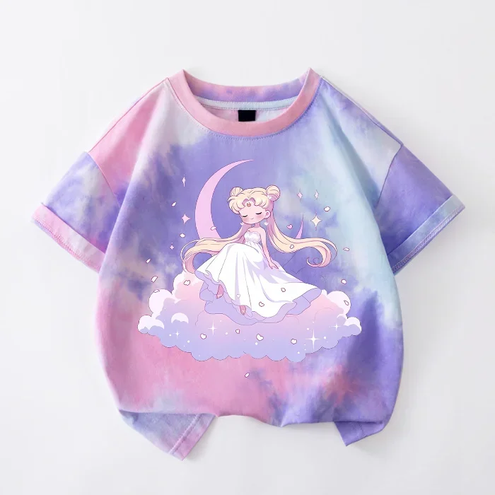 T-shirt con tintura Sailor Moon per ragazze, cartoni animati, vestiti stampati, moda, abbigliamento comodo, top, magliette estive per bambini, regali di compleanno