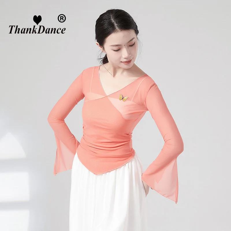 Classical Dance Gauze Mesh Top Long Horn Sleeve Shirt Flowy Body Rhyme Casual Blouse Cloth Performance Costume Dancewear Top New