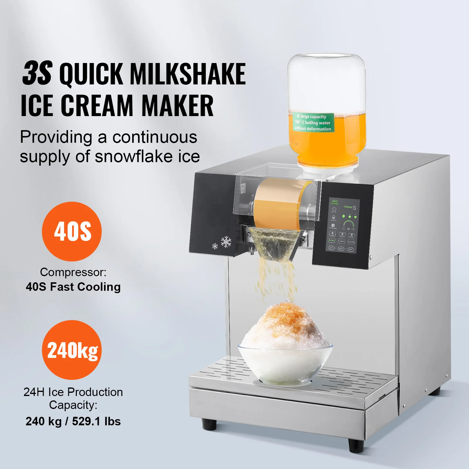 Commercial Snowflake Ice Machine, 529.1LBS/24H Snowflake Ice Maker, Stainless Steel Ice Shaver Machine, Electric Snow Cone Maker, Liquid Cooling System for Rapid Heat Dissipation, Ice Cream