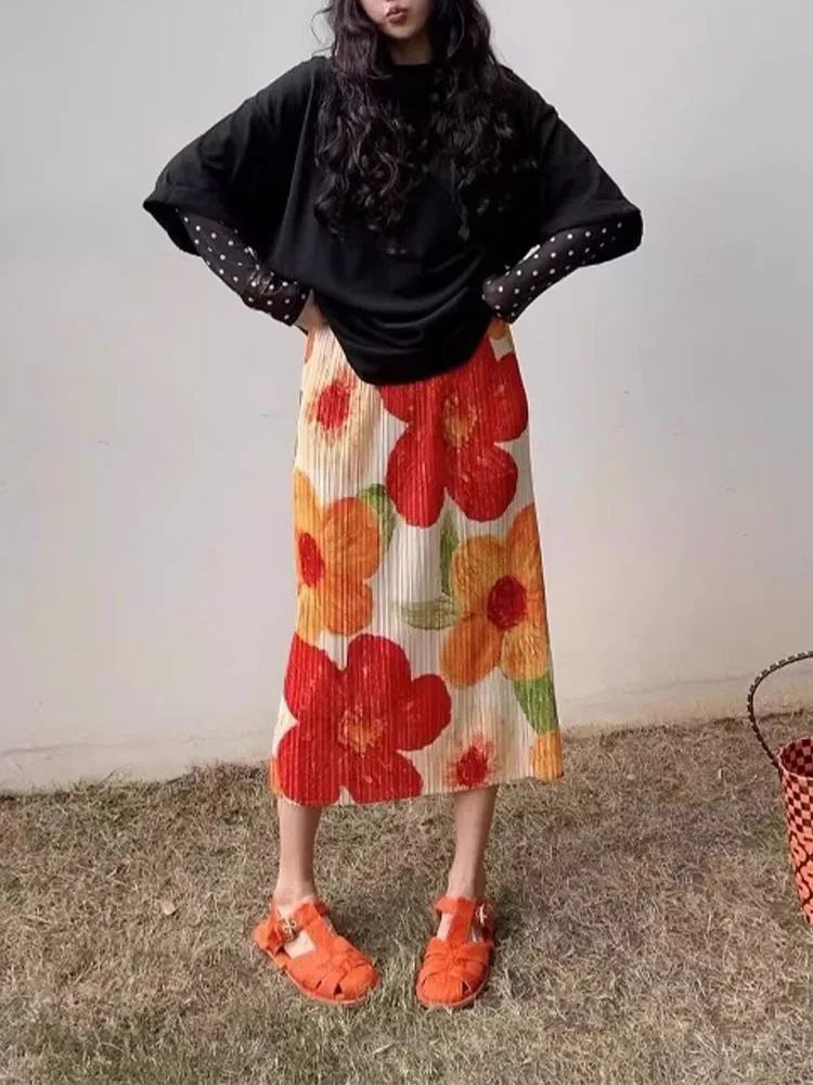 

Three Houses Retro Style plus Size Skirt Hip Covering Summer Mid-Length Elastic Waist Print Pleated Half-length Skirts