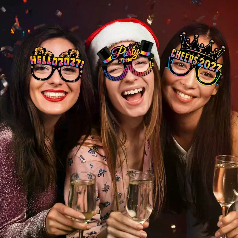 8/16pcs Happy New Year Party Paper Glasses Black Gold Glitter For New Years Eve Gatherings Photo Booth Props