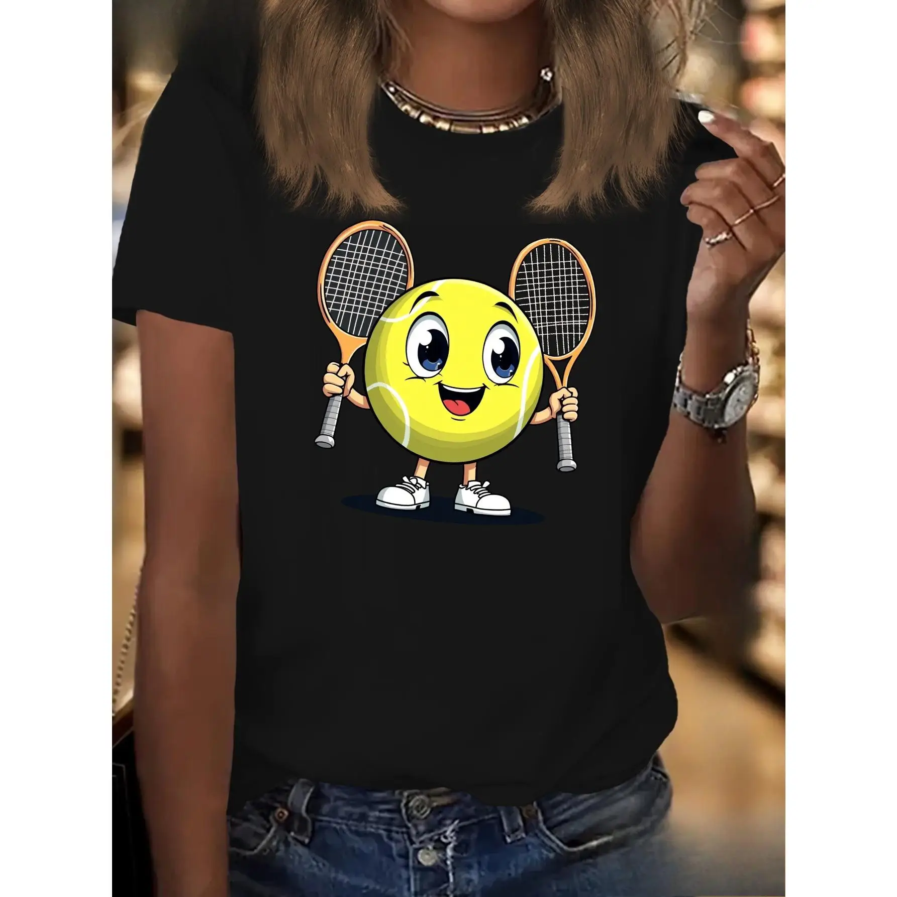

Funny Tennis Ball Graphic T-Shirt, Cute Cartoon Sport Tee, Gift for Tennis Player Coach, Women's Top