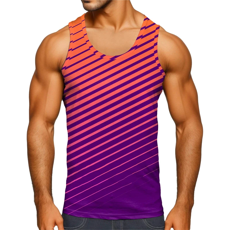 Colorful Stripes 3d Print Tank Top Men Loose Gym Fitness T-Shirt Summer Street Sports Sleeveless Tees Tops Kids Quick Dry Vest