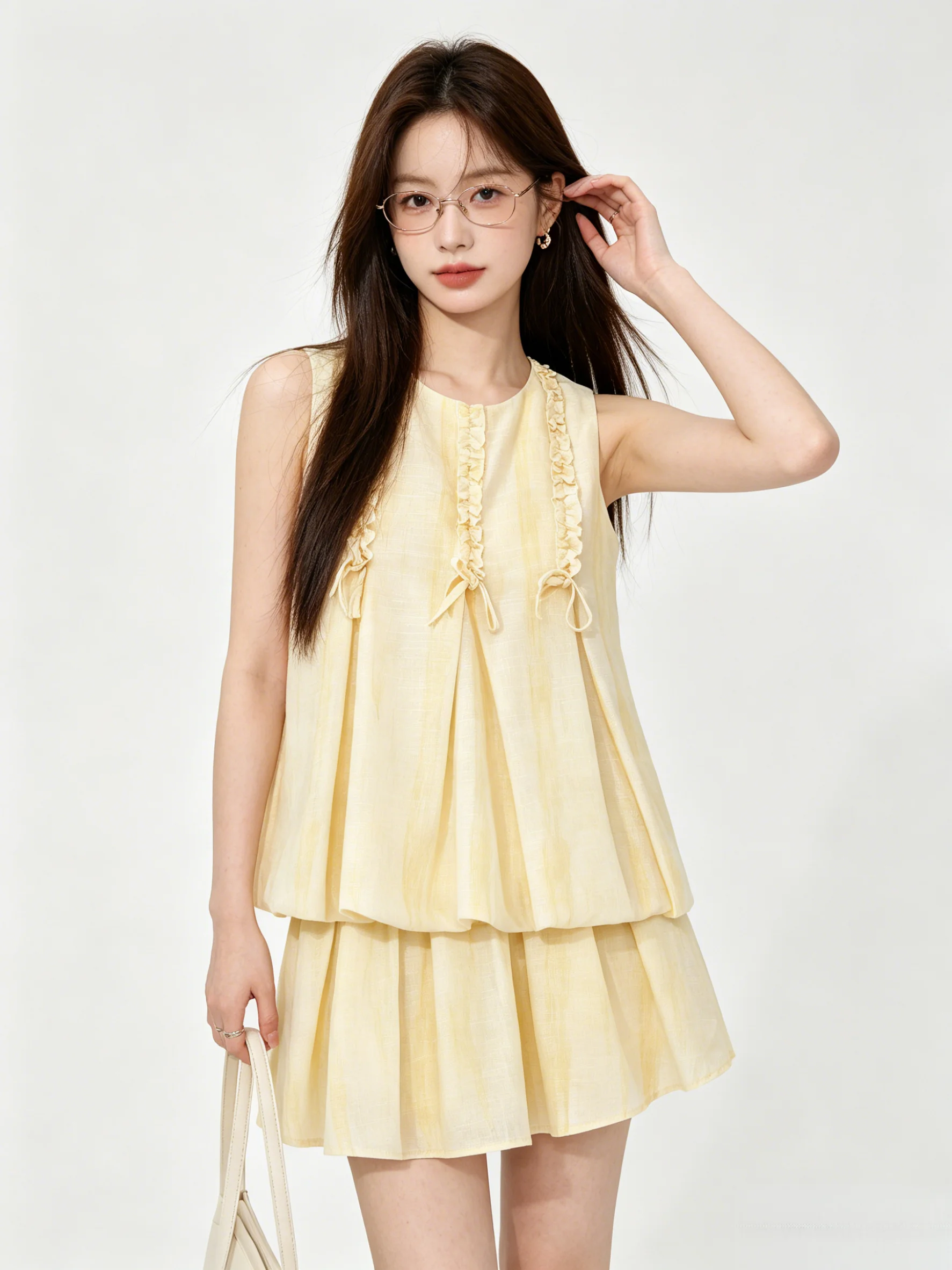 

Elegant Anti-Aging Knot Flower Bud Vest Top High-End Skirt Set Holiday Style Summer Fashion Korean Breathable Casual