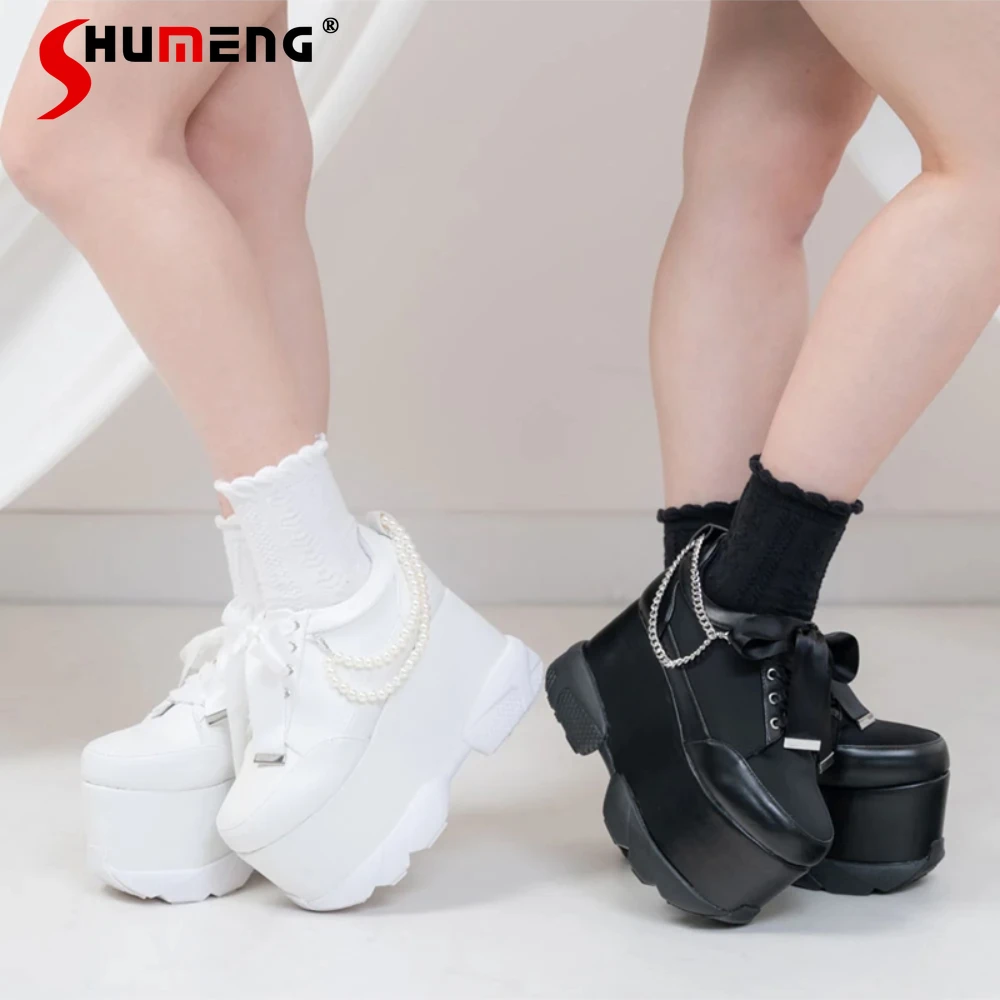 

Japanese Style Elegant Retro Pearl Chain Versatile Casual Lolita Shoes Lace-Up Bow Black PU High Heels for Women Mary Jane Shoes