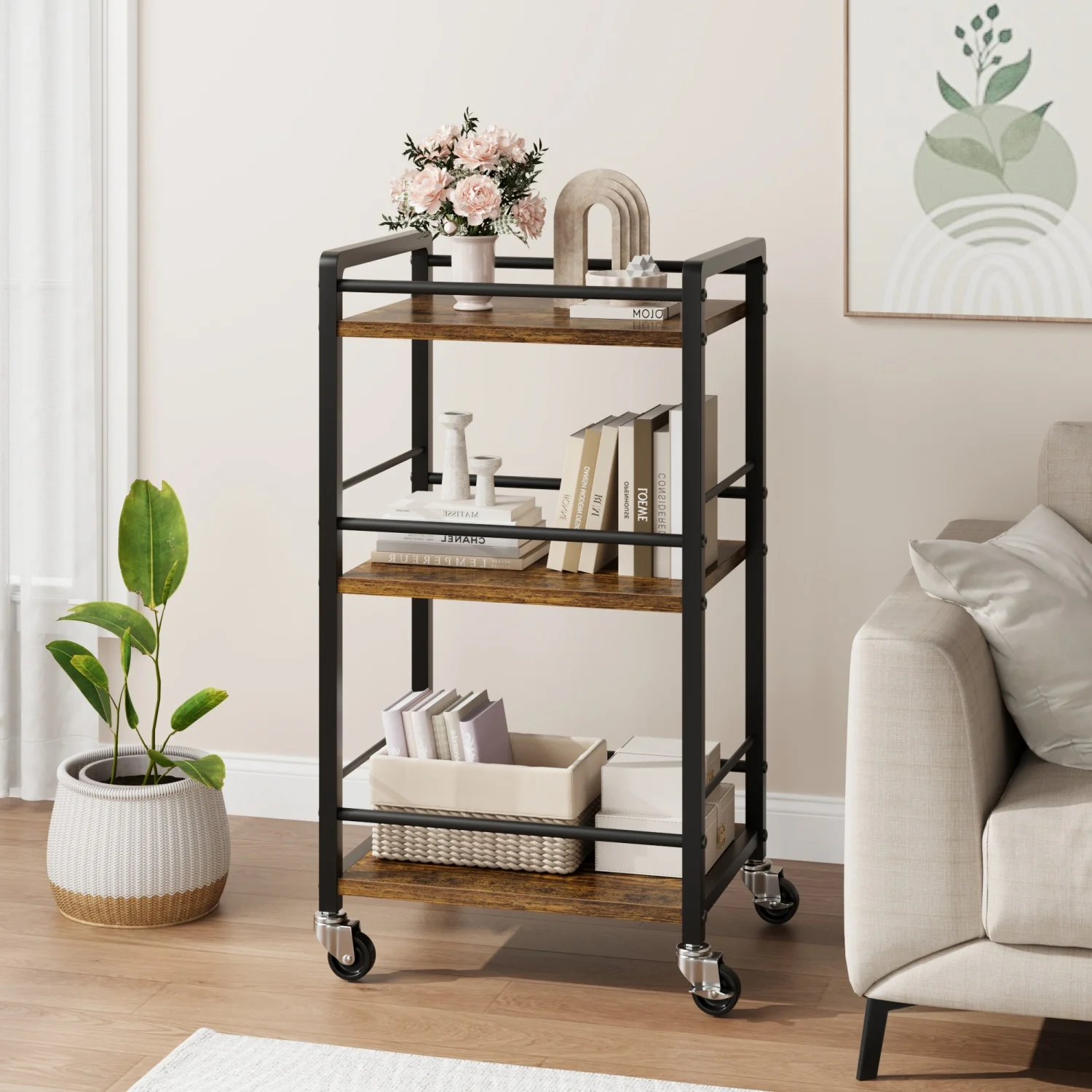 

3-Tier Rolling Bar Cart with Wheels – Mini Mobile Utility Serving Cart for Kitchen, Dining, or Living Room –Rolling Liquor Beverage Cart for Wine, Liquor, Coffee & Beverages