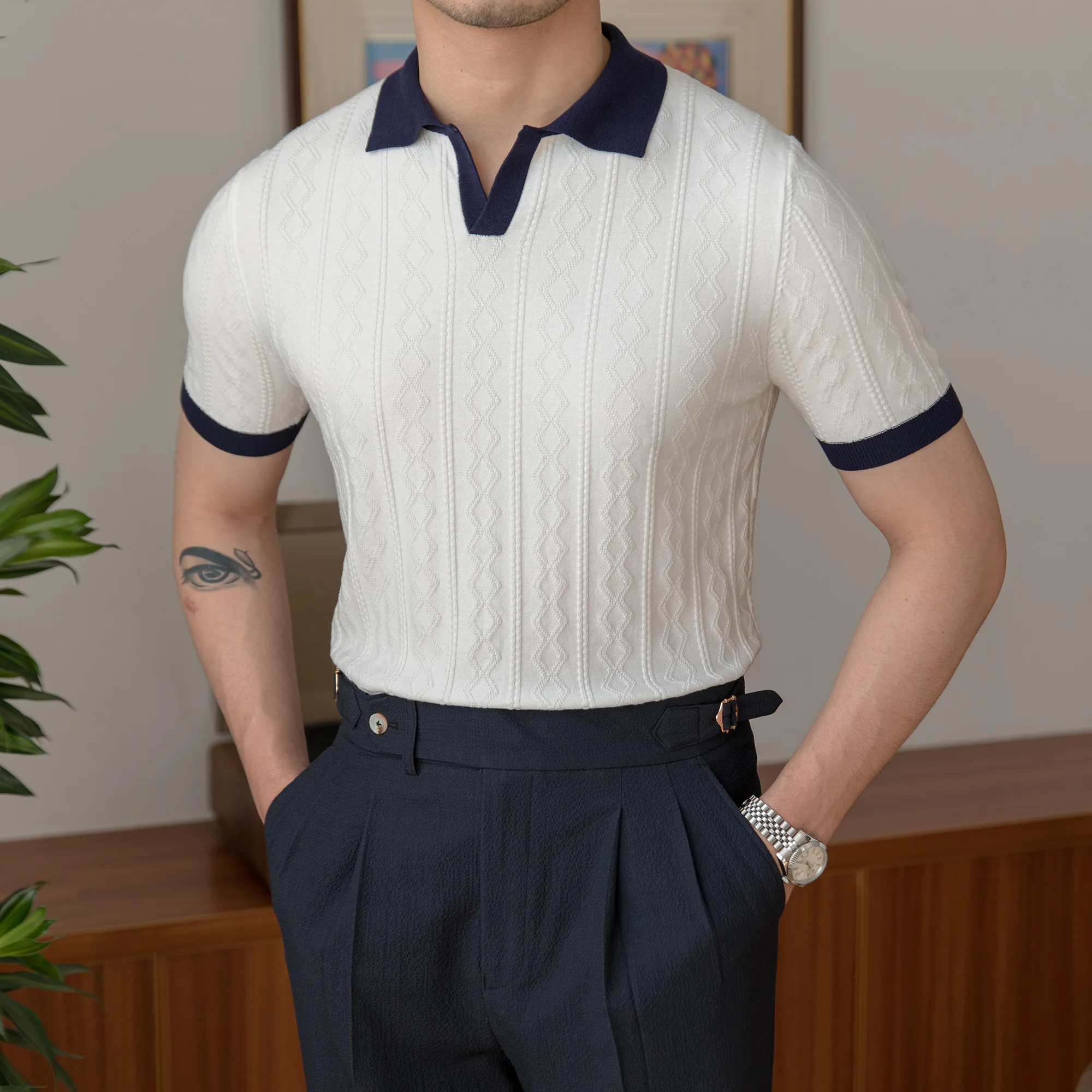 Mr. Deer Three Homemade Summer Knitted Jacquard Color-block Lapel Top British Vintage Slim-fit Handsome Polo Shirt for Men