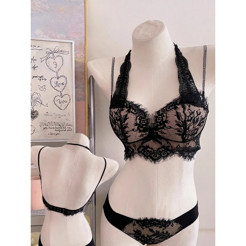 Ensemble de Lingerie Chic Noir en Dentelle Halter pour Femme, Soutien-Gorge Push-Up Dos Nu, Style Pur et Confortable, Vêtements Intimes Quotidiens