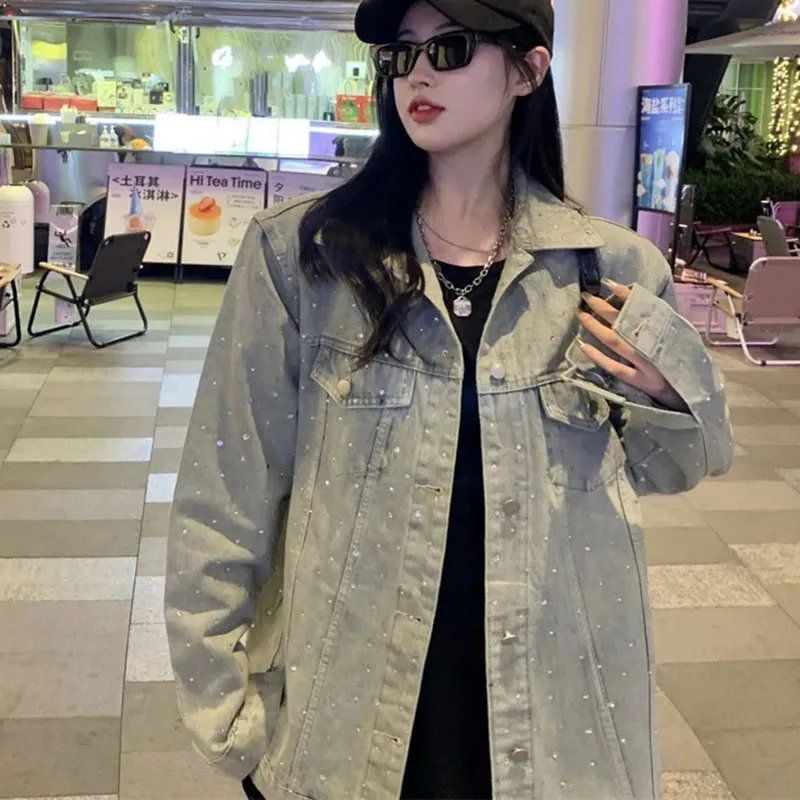 

2024 Women Hot Drill Cowboy Tops Coat Spring Autumn Female Loose Fitting Leisure Denim Jacket New Ladies Fashion Cowboy Outwear