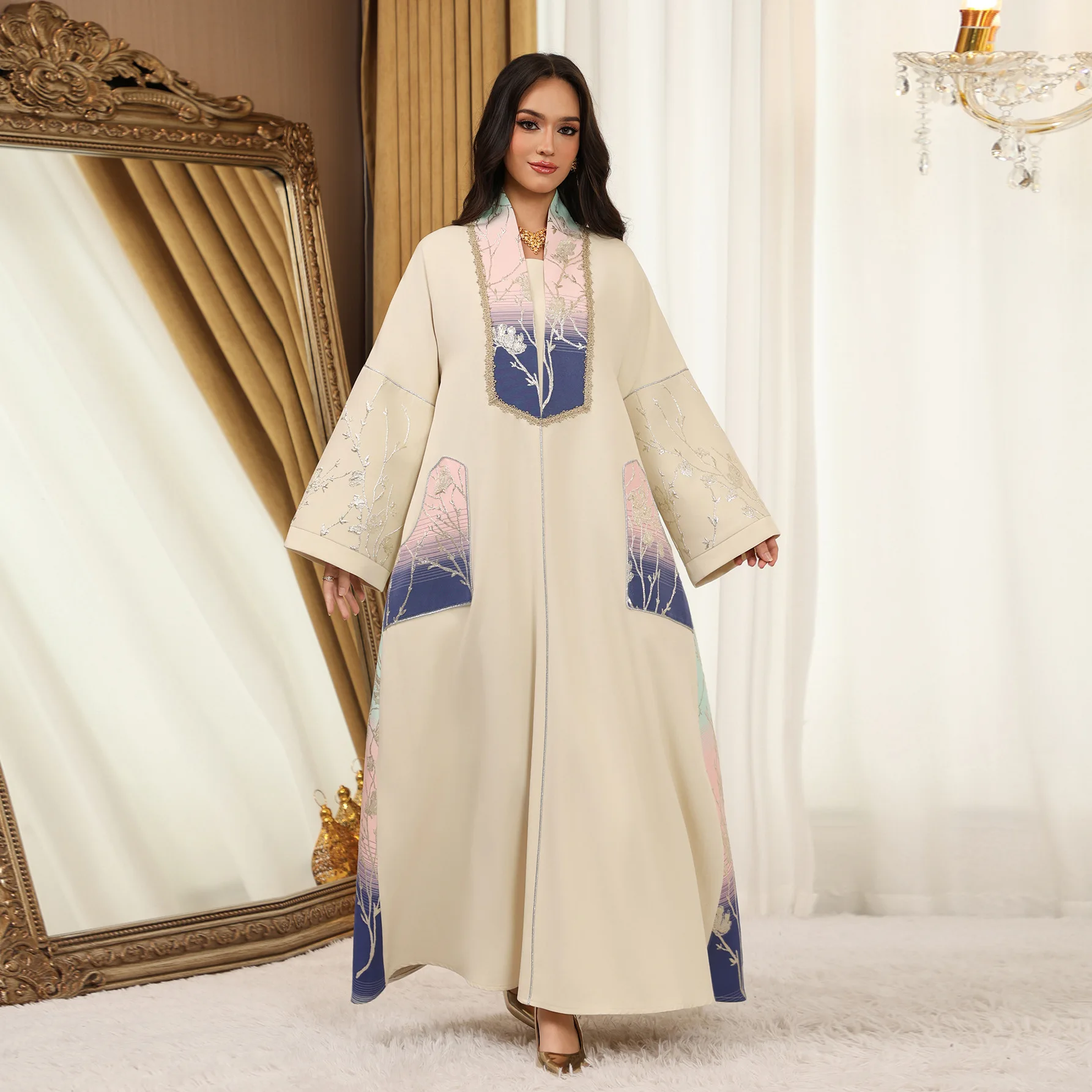 

2026 Spring Summer Women's Gradient Jacquard Jalabiya Abaya Dress Dresses Pocket Muslim Outfit