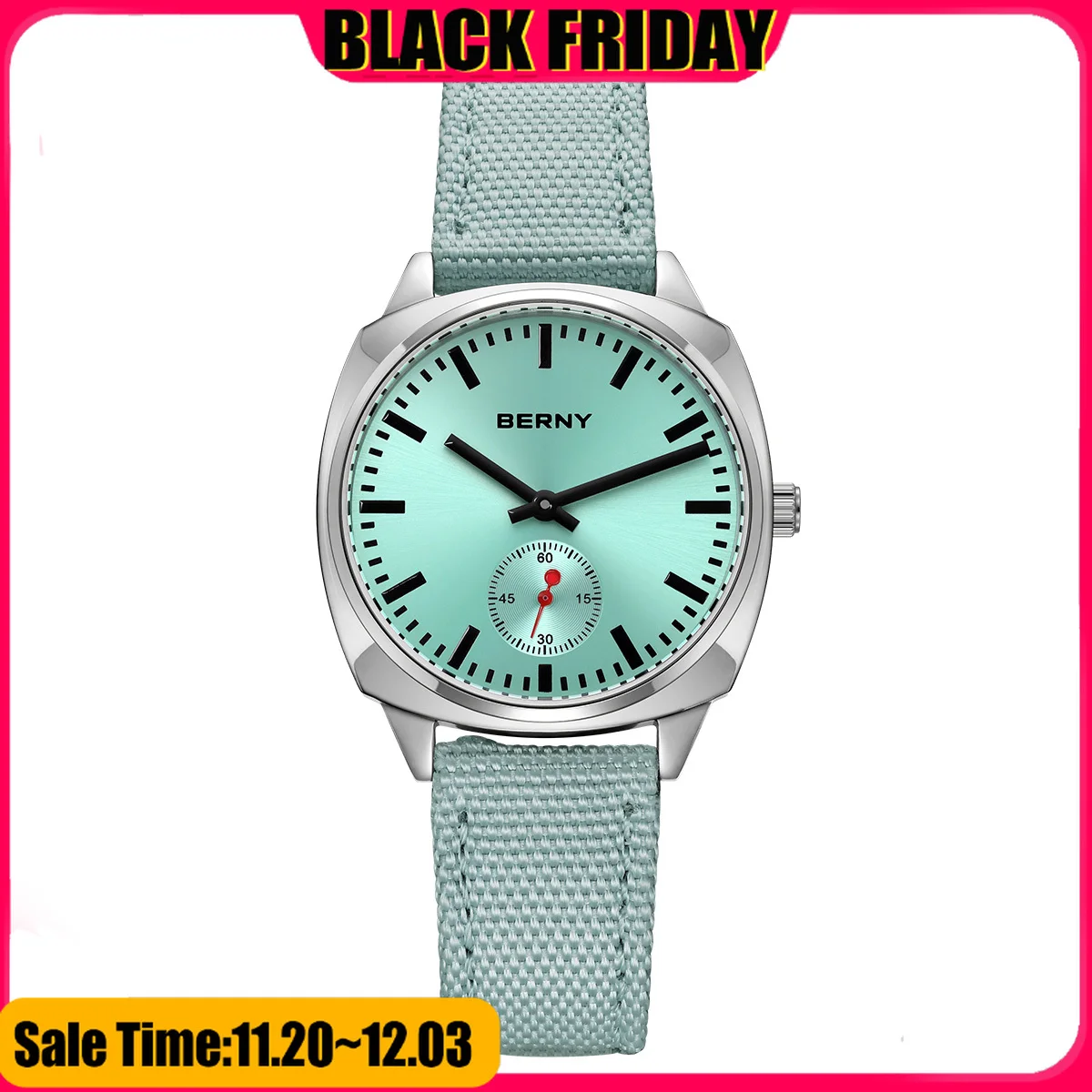 BERNY Jam Tangan Wanita Model Railway Kanvas Quartz Pillow Watch Untuk Wanita Kasual Serbaguna Dial Biru Es Jam Tangan Wanita