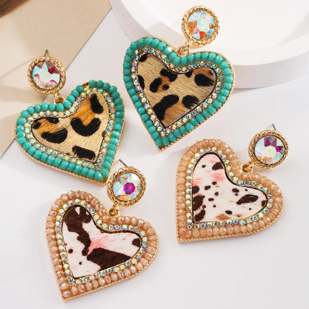 Retro leopard print leather love earrings women's alloy diamond-encrusted crystal exaggerated temperament earrings independent s