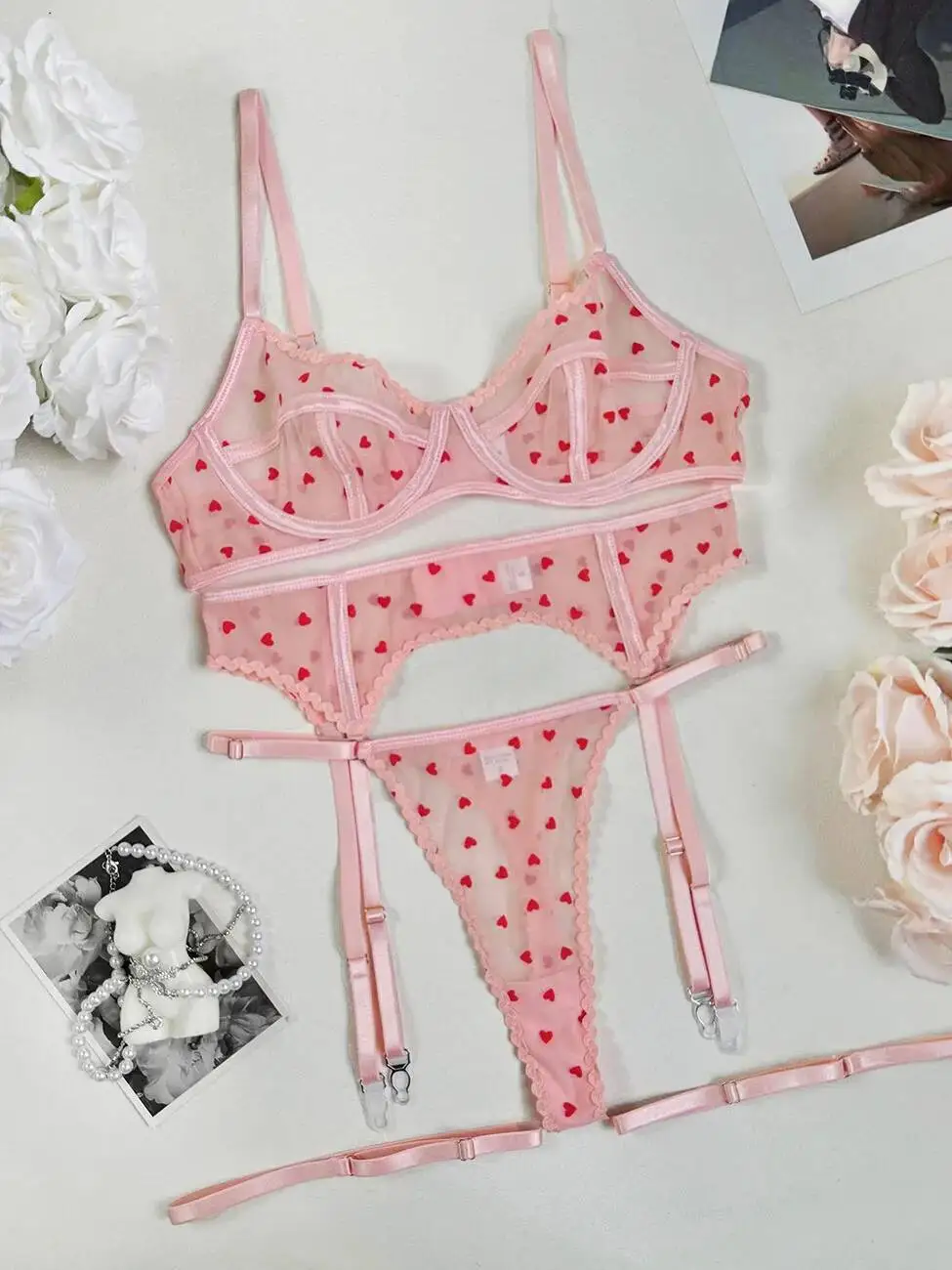 Femmes coeur imprimé Bikini haut à volants sans bretelles taille haute bas contrôle du ventre séchage rapide plage été vacances maillots de bain 6MKN