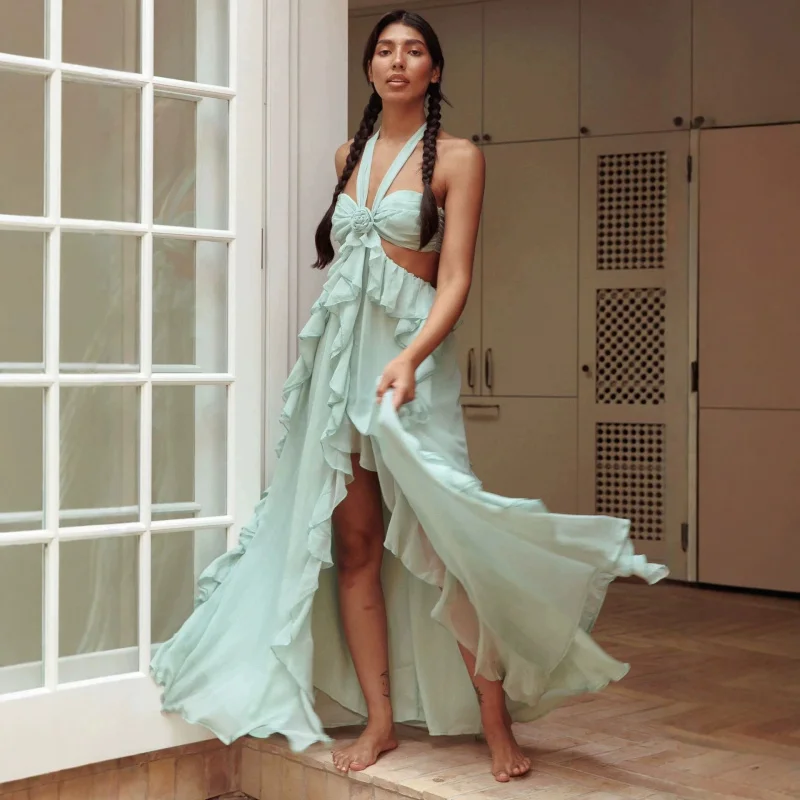 Abito lungo da donna di lusso 2026 con cut-out, allacciatura posteriore e volant, senza maniche, per feste estive e vacanze - Vestidos