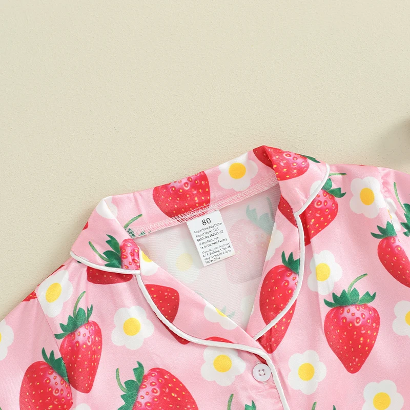 Kids Girls Summer Pajama Sets Short Sleeve Lapel Shirt Strawberry Print Shorts 2 Pieces Sleepwear for 1 Years to 7 Years