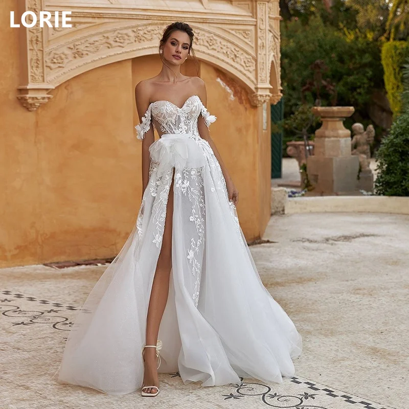 

LORIE A-line Off The Shoulder Sleeveless Wedding Dresses Side Split Bridal Gown Applique Backless Wedding Party Gowns Customized