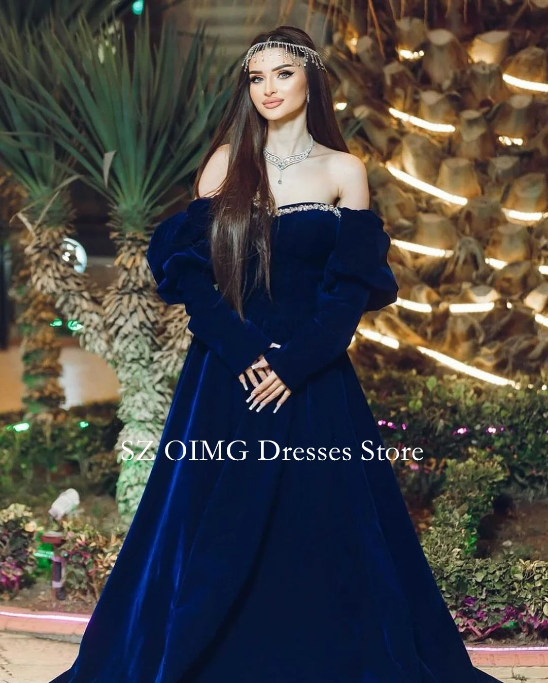 

OIMG Off the Shoulder Women Vintage Modest Prom Dresses Long Sleeves Velvet Blue Cocktail Evening Gowns 2024 Formal Party Dress