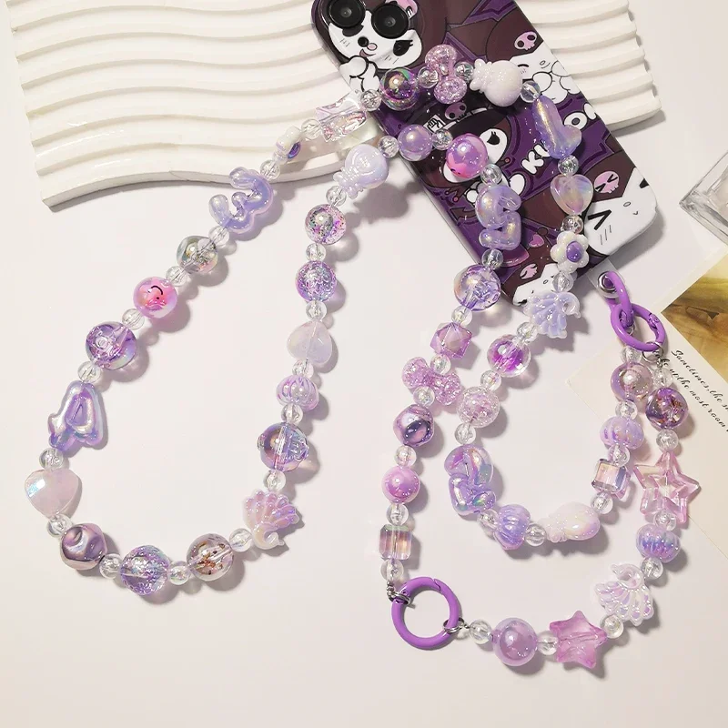 Mobile Phone Lanyard Cross-body Crystal Beads Handmade Beaded Chain Purple Beads Chain Mobile Phone Lanyard Phone Case