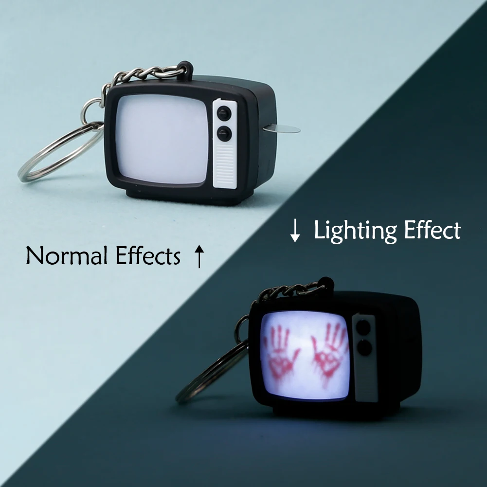 Retro TV Shaped Keychain with Light & Sound Horror Handprint Projection Spooky Halloween Pendant for Bag Charm Key Ring Chain