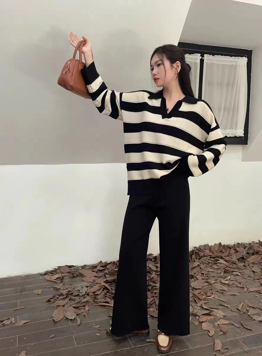 2024 Spring New Retro Women Sweater Set Casual Pullovers Suits Striped Knitted Long Sleeve Elegance Tops Elastic Wide Leg Pants