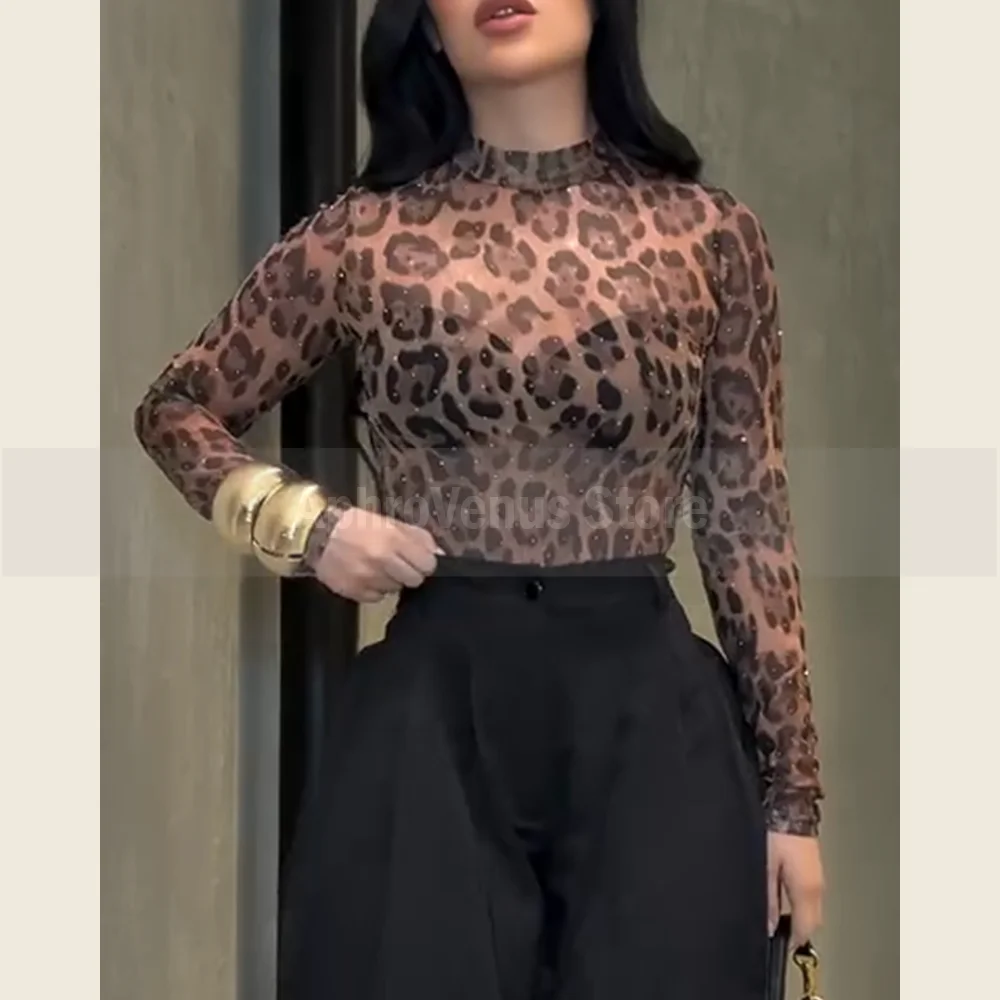

2025 Sparkly Leopard Print Sheer Mesh Long-Sleeve Mock Neck Bodysuit Top for Women Glitter Embellished Clubwear Essential