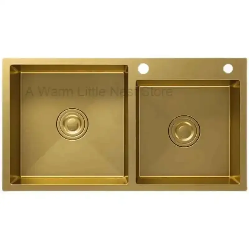 أحواض مطبخ فاخرة خفيفة من الفولاذ المقاوم للصدأ حوض مطبخ منزلي إبداعي كبير باللون الذهبي نانو إكسسوارات مطبخ مزدوجة مصنوعة يدويًا