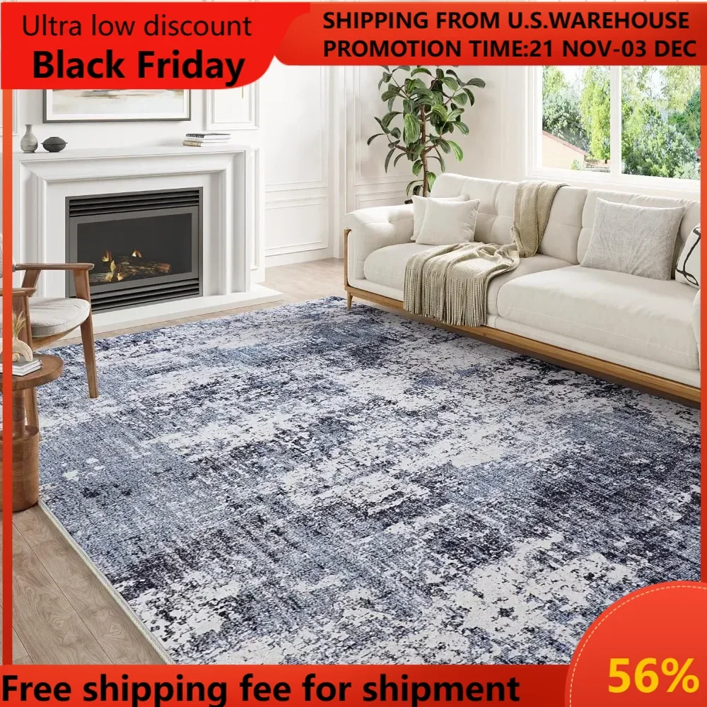 Modern Abstract Blue Rug 8x10 Machine Washable Area Rug Kitchen Indoor Accent Rug Low Pile Carpet