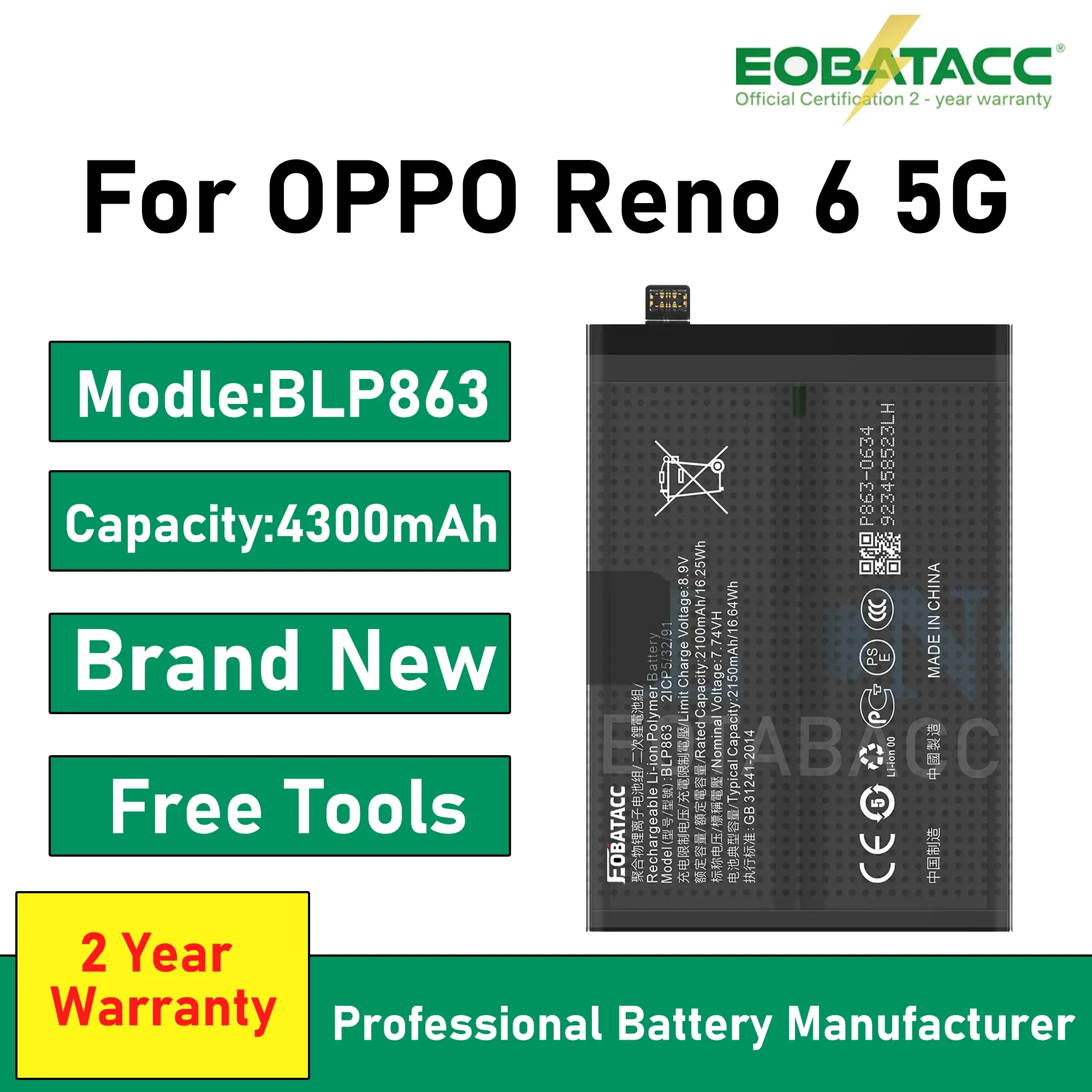 2025 Years EOBATACC 100% New Battery BLP863 For OPPO Reno 6 5G Battery +Free Tools - Image 3