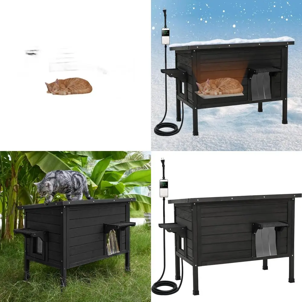 

Insulated Outdoor Cat Shelter with Heating Pad for Winter, Easy Entry Door and PVC Curtain, Black