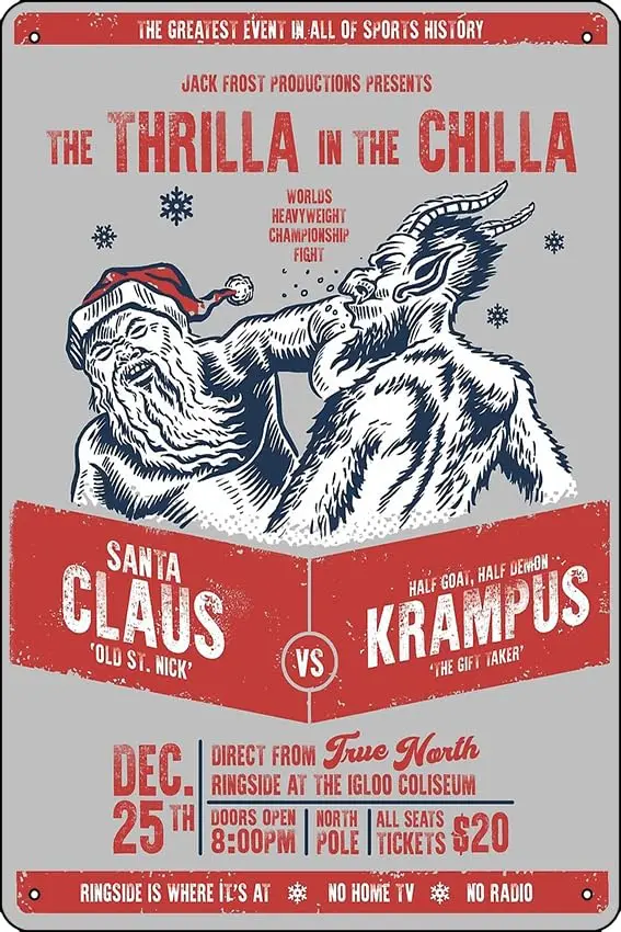 Дед Мороз против крампус: The Thrilla in the Chilla металлическая печать металлический жестяной знак 12X8 дюймов забавная мужская пещера Декор для дома офиса бара