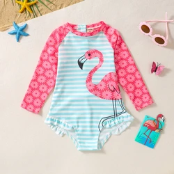 Girls One Piece Cute Swimsuit Cartoon Flamingo Print Colorblock Long Sleeve Comfy Trendy Swimwear